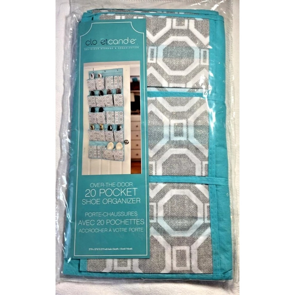 CLOSET CANDIE OVER THE DOOR 20 POCKET SHOE ORGANIZER BLUE‎ GRAY WHITE NWOT